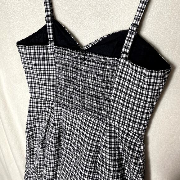 Parker Gingham Plaid Smocked Fit & Flare Mini Cocktail Dress Black White Medium - Picture 12 of 15